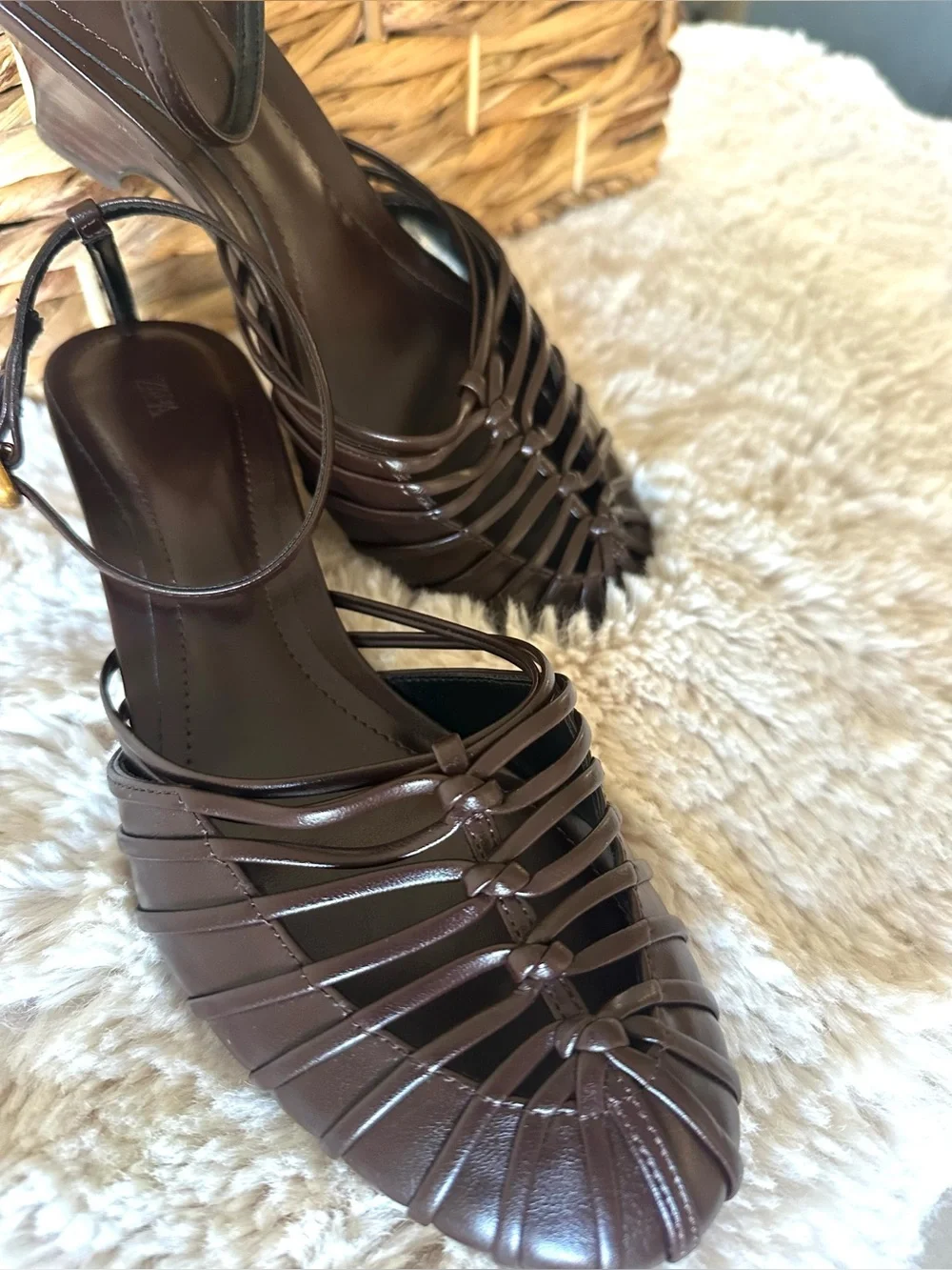 Zara Chocolate Brown Woven Cage Slingback Heels NWOT EU 39 | Strappy Block Heel - Picture 2 of 5